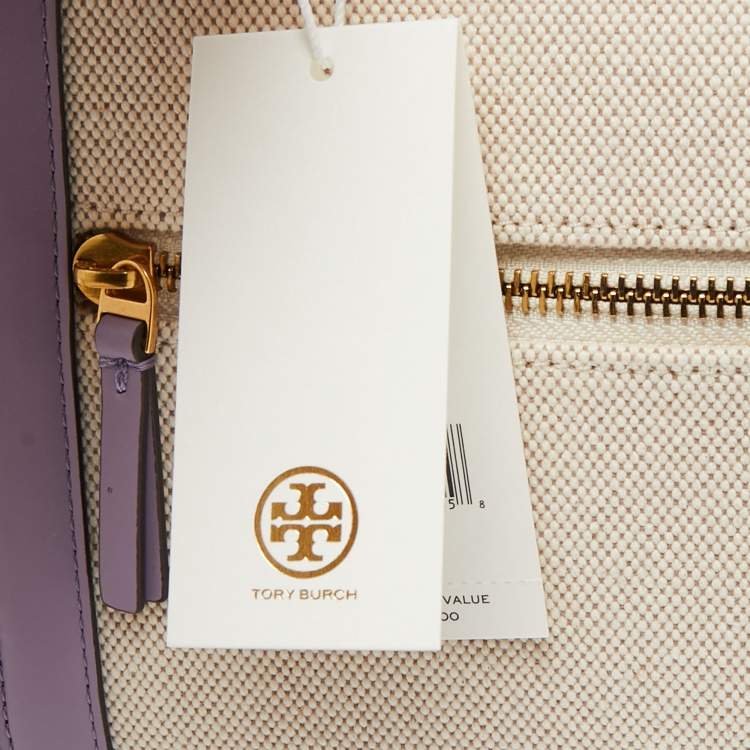 Pre Owned Tory Burch Purple/White Leather and Canvas Juliette Top Handle Bag