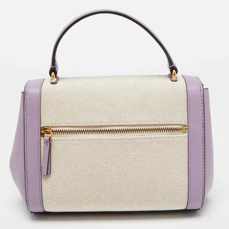 Pre Owned Tory Burch Purple/White Leather and Canvas Juliette Top Handle Bag