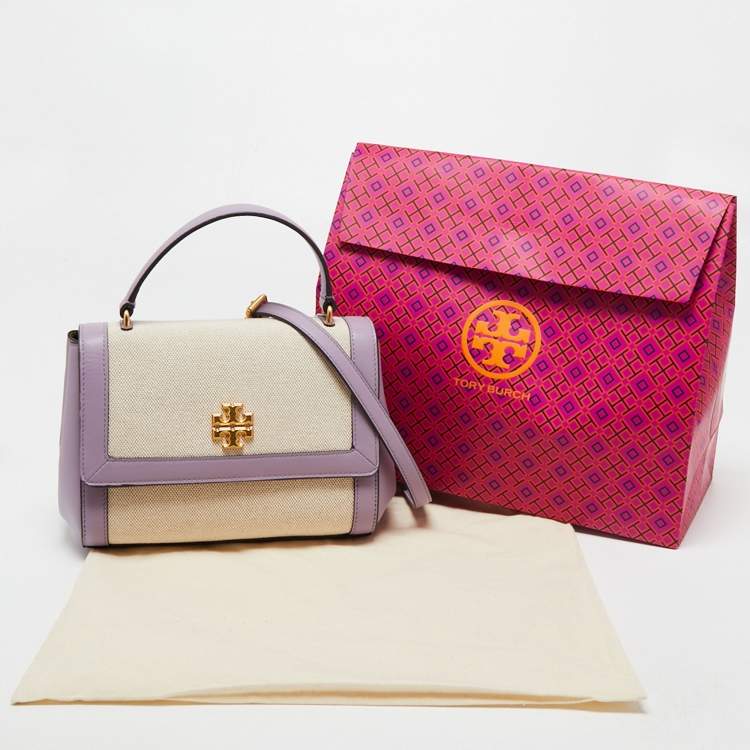 Pre Owned Tory Burch Purple/White Leather and Canvas Juliette Top Handle Bag