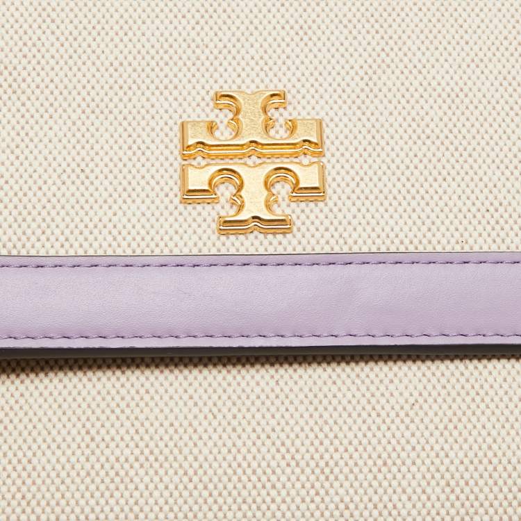 Pre Owned Tory Burch Purple/White Leather and Canvas Juliette Top Handle Bag
