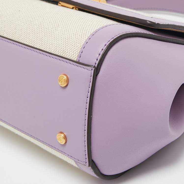 Pre Owned Tory Burch Purple/White Leather and Canvas Juliette Top Handle Bag