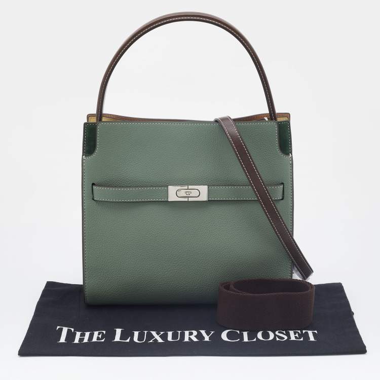 Pre Owned Tory Burch Green/Brown Leather and Suede Small Lee Radziwill Double Bag
