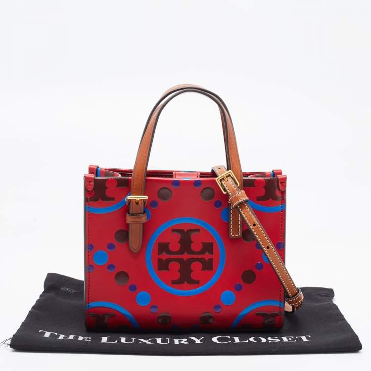 Pre Owned Tory Burch Red/Multicolor T Monogram Leather Mini Square Tote