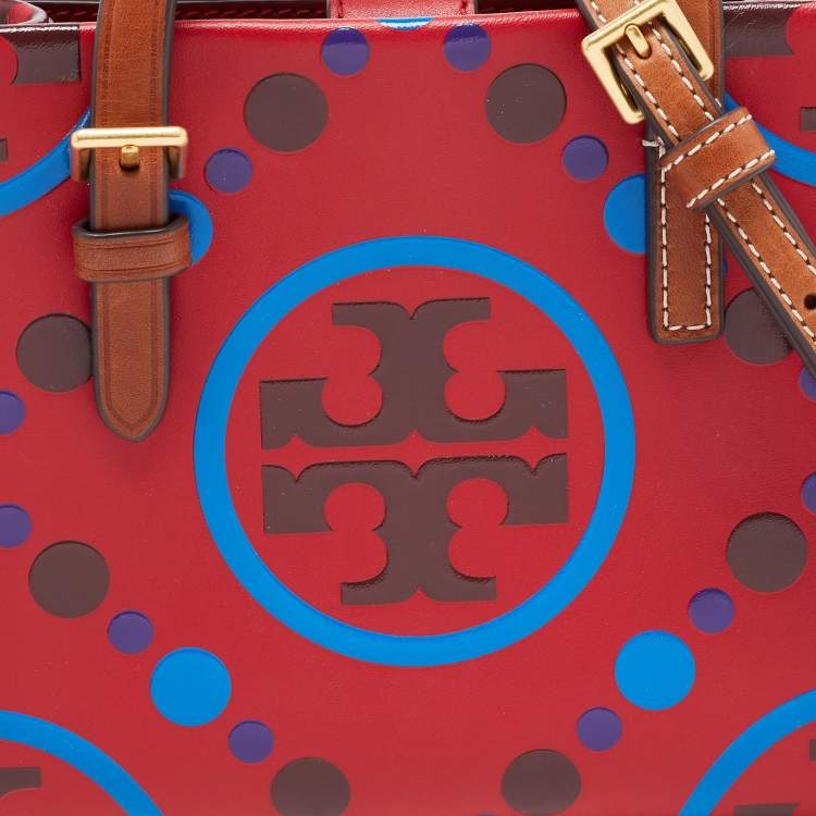 Pre Owned Tory Burch Red/Multicolor T Monogram Leather Mini Square Tote