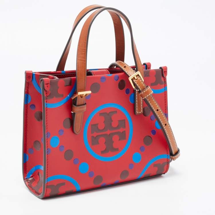 Pre Owned Tory Burch Red/Multicolor T Monogram Leather Mini Square Tote