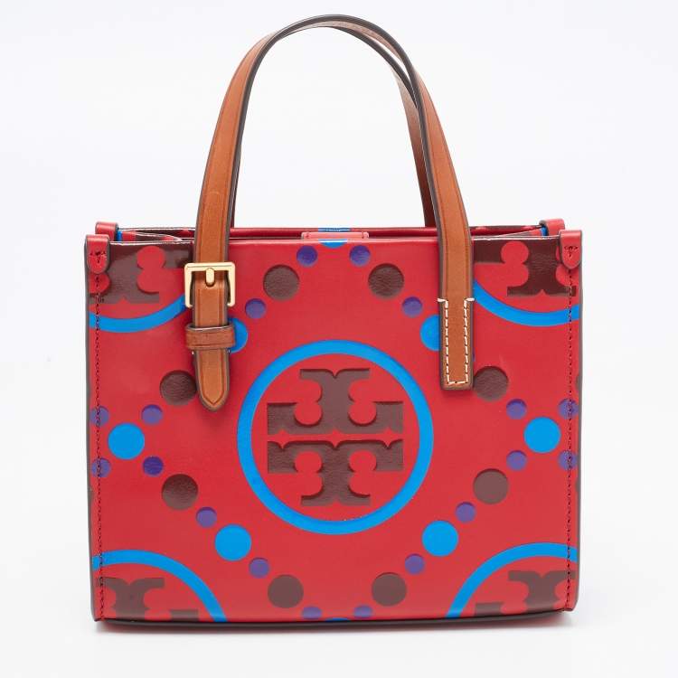 Pre Owned Tory Burch Red/Multicolor T Monogram Leather Mini Square Tote