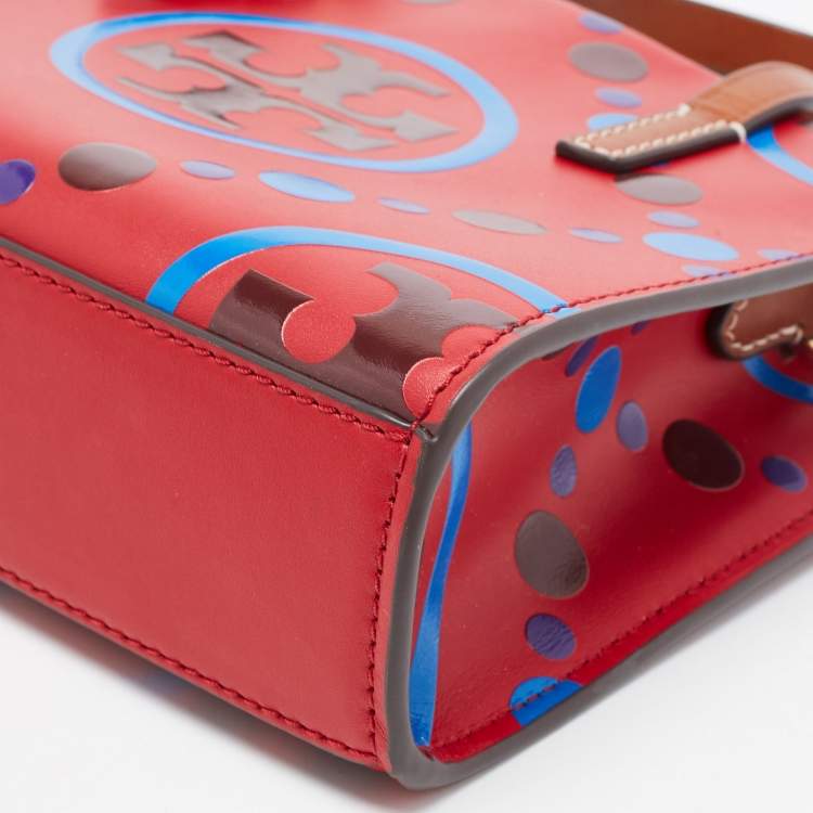 Pre Owned Tory Burch Red/Multicolor T Monogram Leather Mini Square Tote