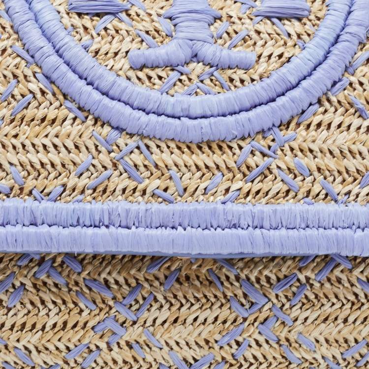 Pre Owned Tory Burch Light Blue/Natural Woven Raffia Fleming Clutch