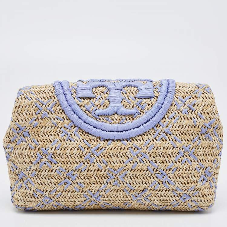Pre Owned Tory Burch Light Blue/Natural Woven Raffia Fleming Clutch