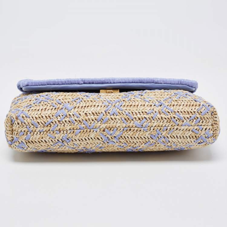Pre Owned Tory Burch Light Blue/Natural Woven Raffia Fleming Clutch