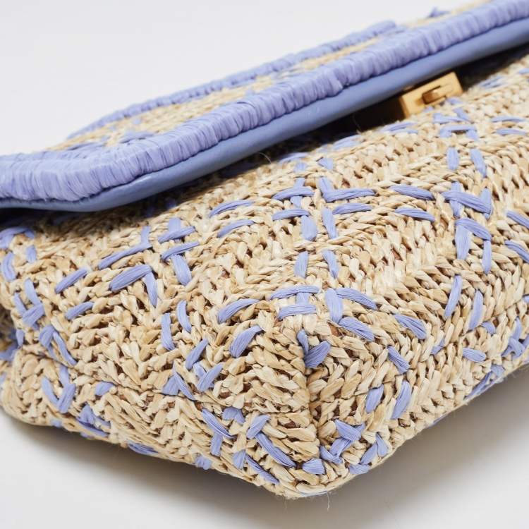 Pre Owned Tory Burch Light Blue/Natural Woven Raffia Fleming Clutch
