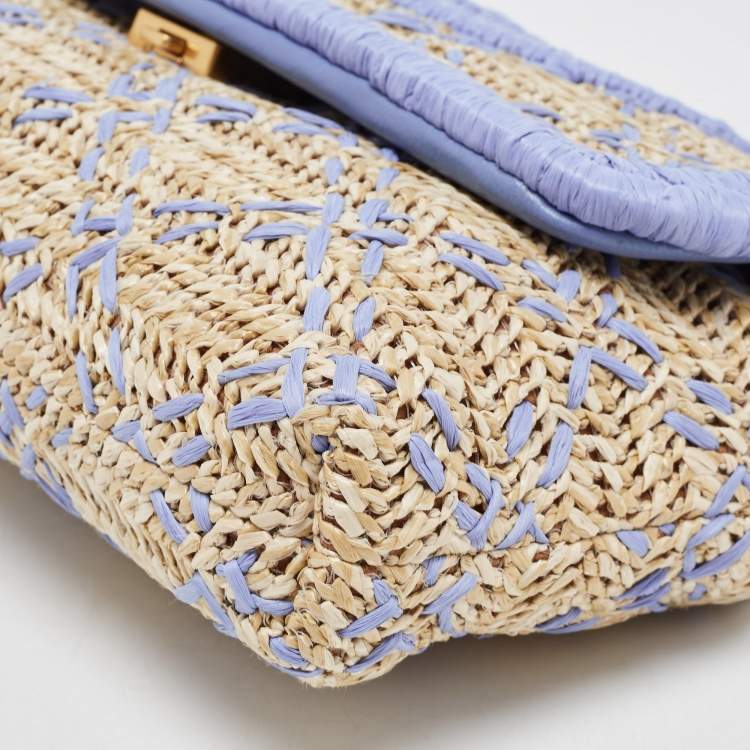 Pre Owned Tory Burch Light Blue/Natural Woven Raffia Fleming Clutch