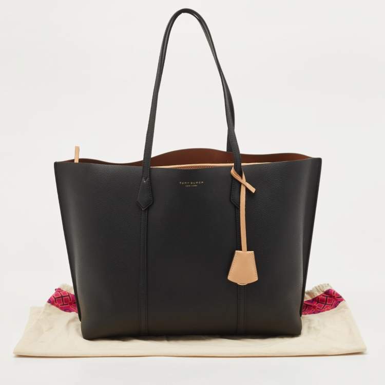 Pre Owned Tory Burch Black/Beige Leather Perry Tote