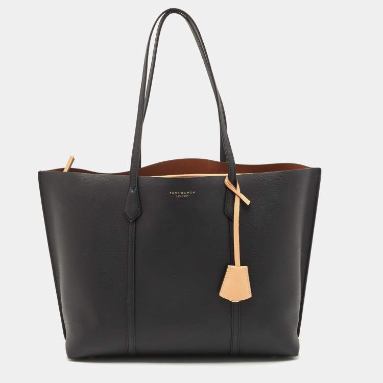 Pre Owned Tory Burch Black/Beige Leather Perry Tote