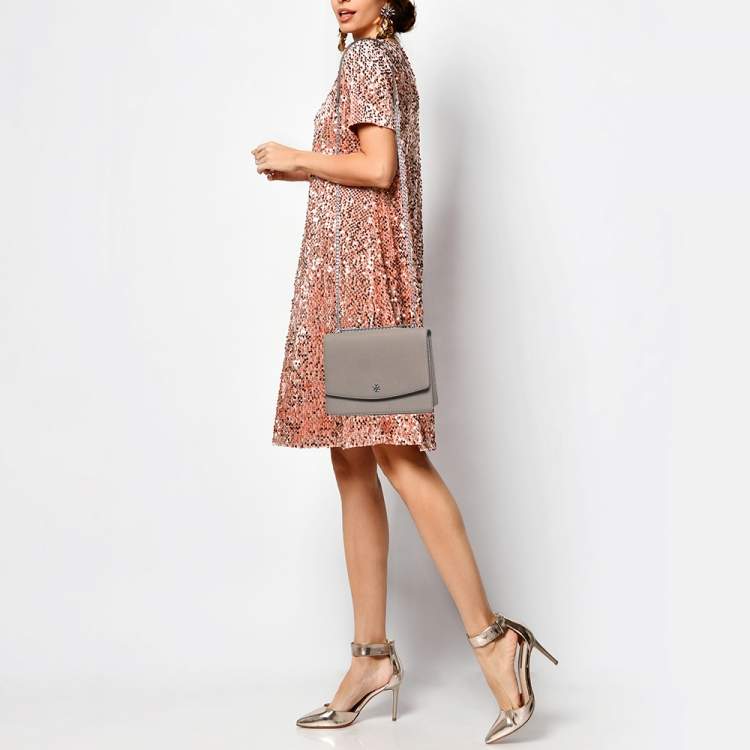 Pre Owned Tory Burch Taupe Leather Robinson Flap Shoulder Bag 