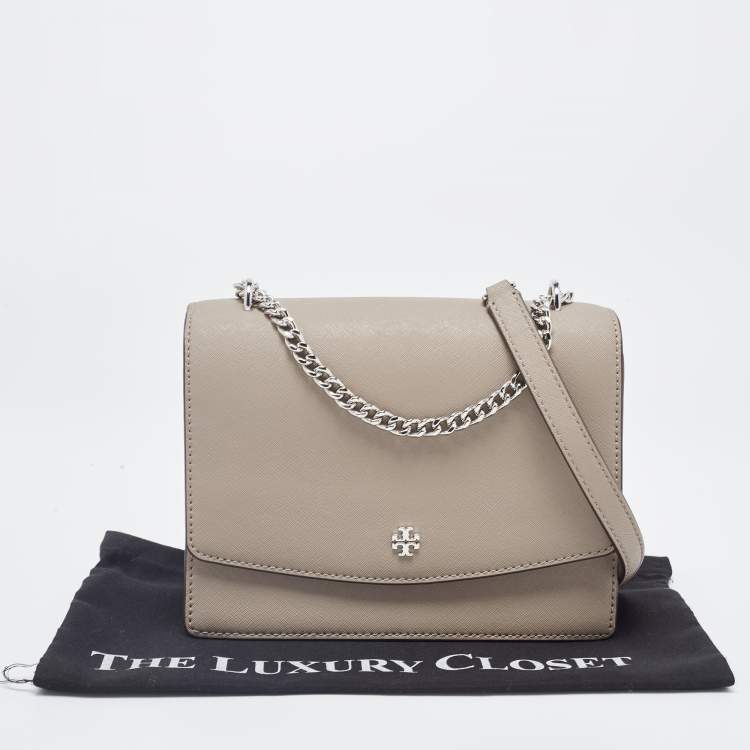 Pre Owned Tory Burch Taupe Leather Robinson Flap Shoulder Bag 