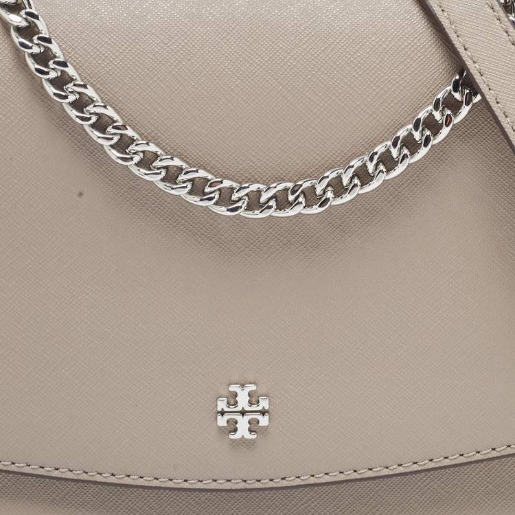 Pre Owned Tory Burch Taupe Leather Robinson Flap Shoulder Bag 