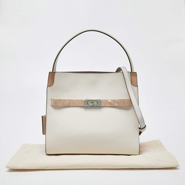 Pre Owned Tory Burch White/Beige Leather and Suede Small Lee Radziwill Double Bag