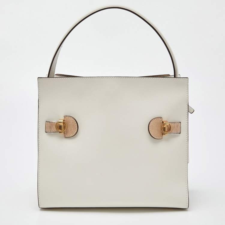 Pre Owned Tory Burch White/Beige Leather and Suede Small Lee Radziwill Double Bag
