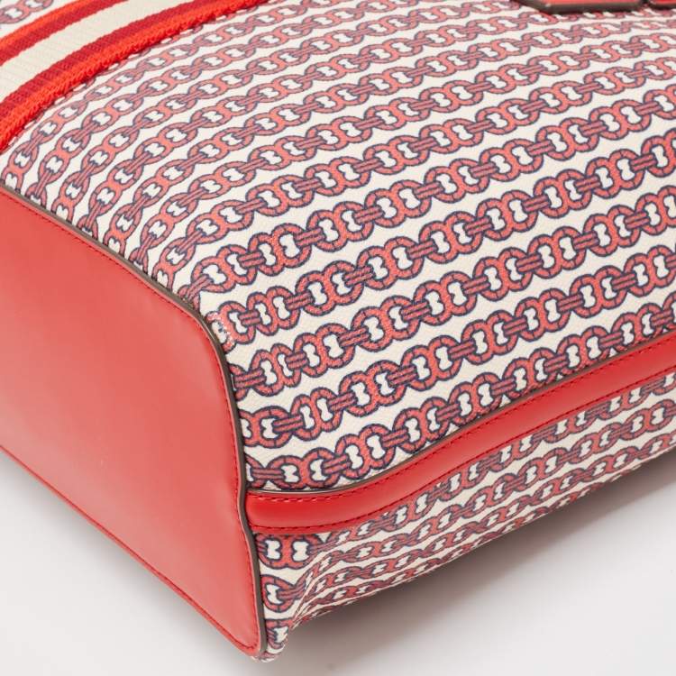 Pre Owned Tory Burch Red Coated Canvas and Leather Gemini Link Top Zip Tote