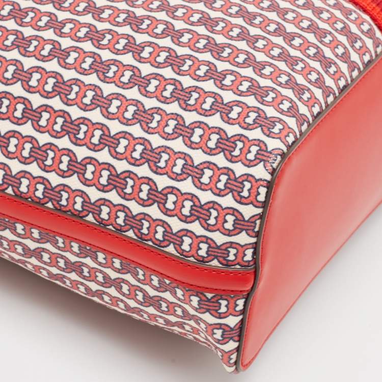 Pre Owned Tory Burch Red Coated Canvas and Leather Gemini Link Top Zip Tote