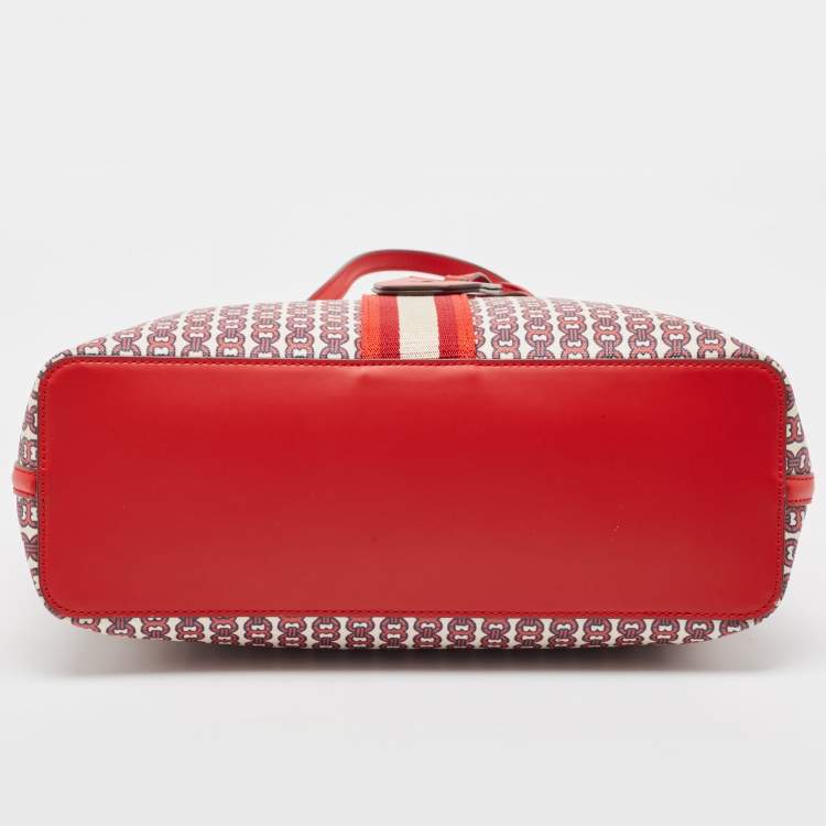 Pre Owned Tory Burch Red Coated Canvas and Leather Gemini Link Top Zip Tote