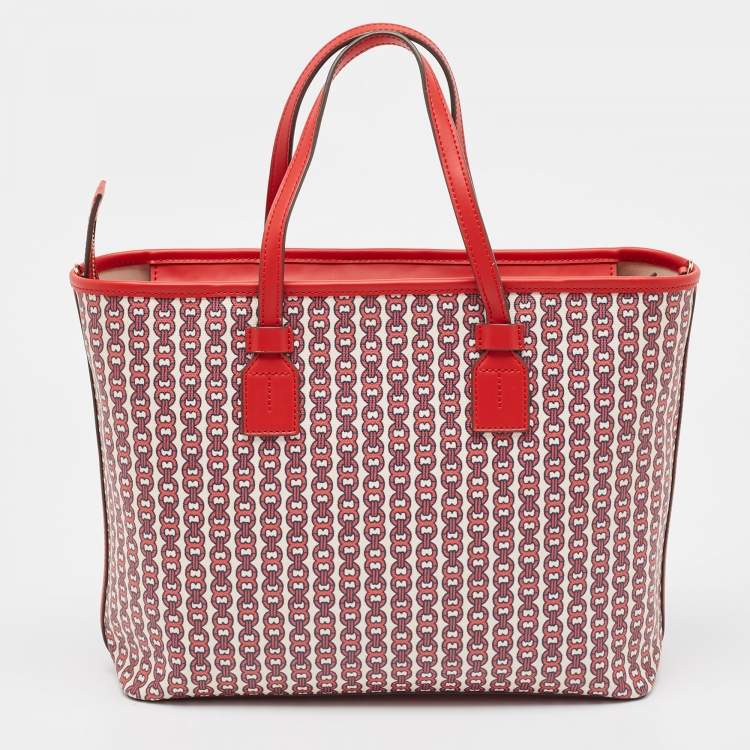 Pre Owned Tory Burch Red Coated Canvas and Leather Gemini Link Top Zip Tote