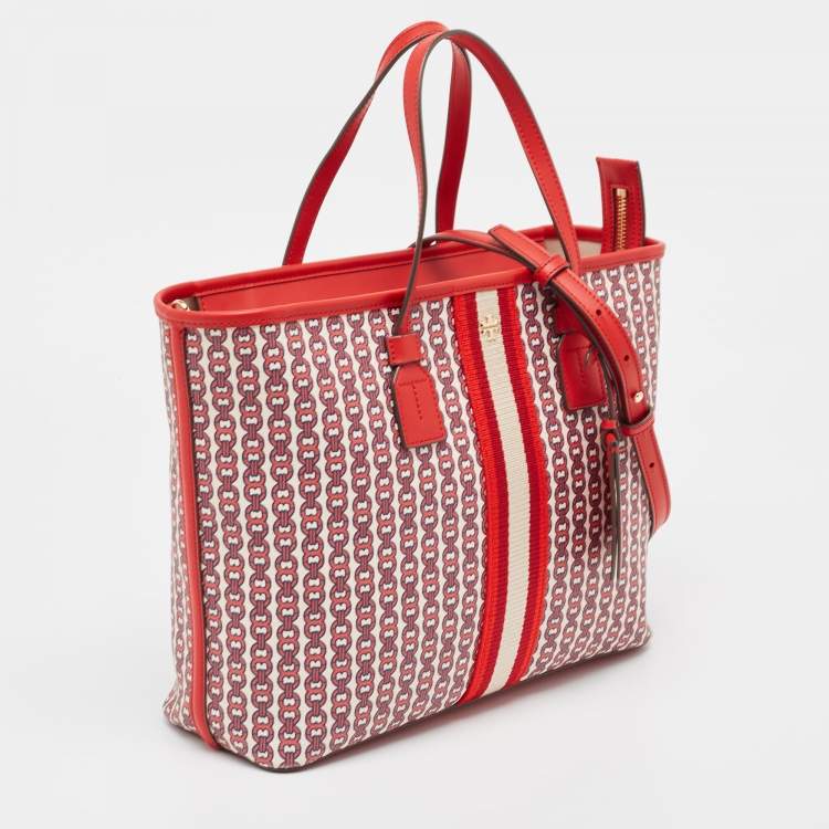 Pre Owned Tory Burch Red Coated Canvas and Leather Gemini Link Top Zip Tote