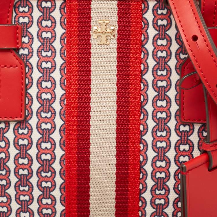 Pre Owned Tory Burch Red Coated Canvas and Leather Gemini Link Top Zip Tote