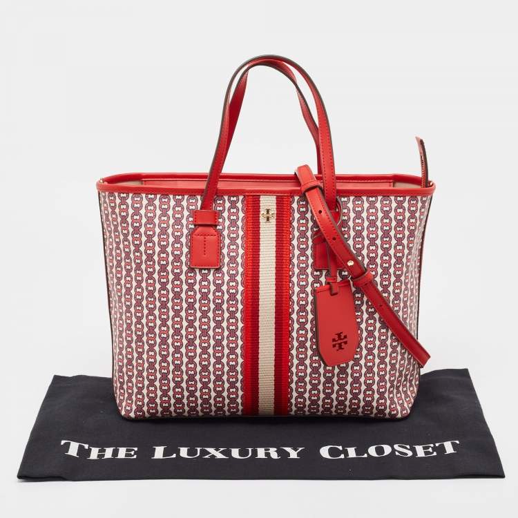 Pre Owned Tory Burch Red Coated Canvas and Leather Gemini Link Top Zip Tote