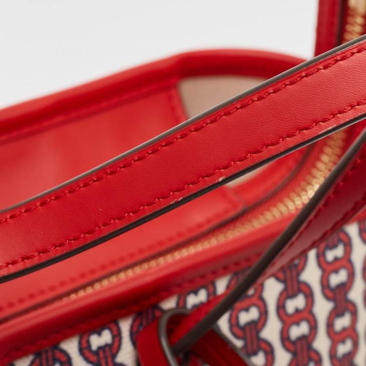 Pre Owned Tory Burch Red Coated Canvas and Leather Gemini Link Top Zip Tote