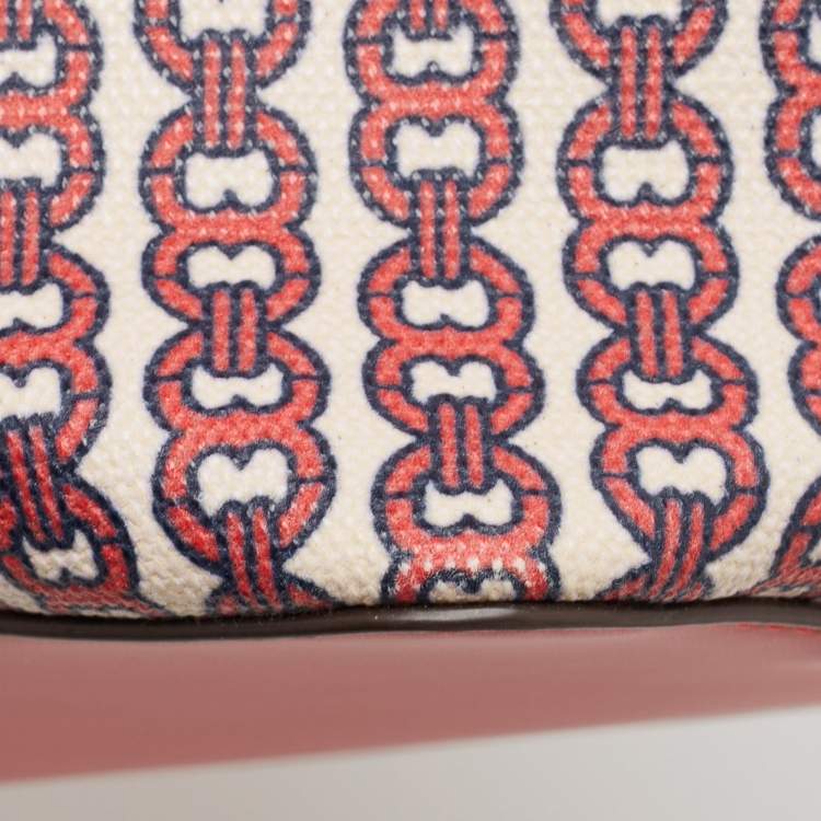 Pre Owned Tory Burch Red Coated Canvas and Leather Gemini Link Top Zip Tote