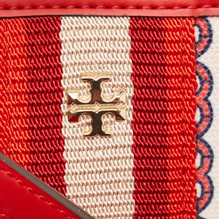 Pre Owned Tory Burch Red Coated Canvas and Leather Gemini Link Top Zip Tote