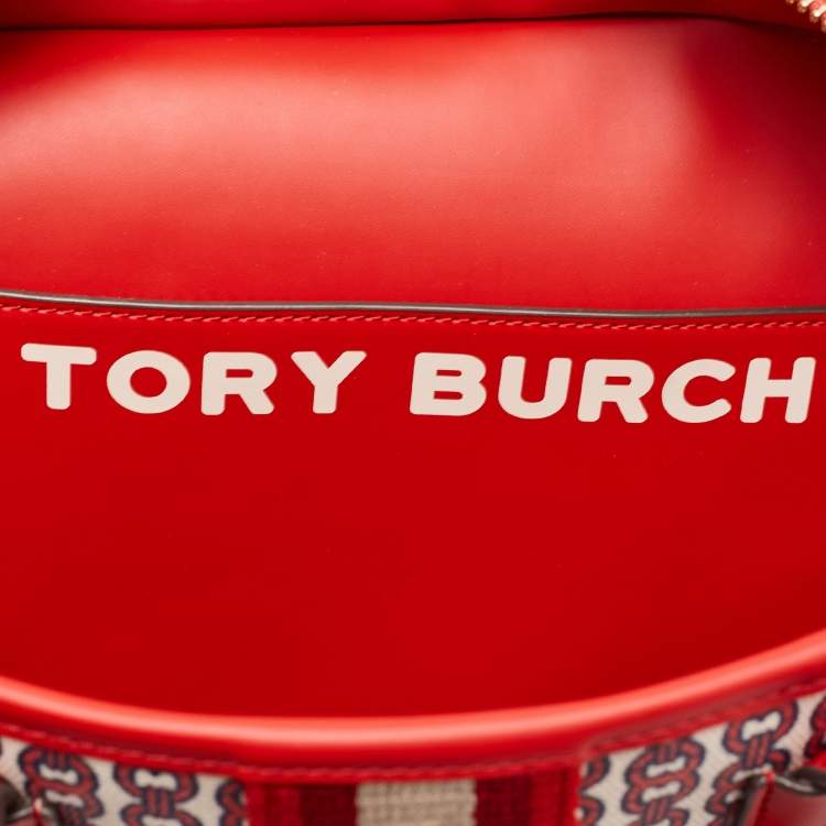 Pre Owned Tory Burch Red Coated Canvas and Leather Gemini Link Top Zip Tote
