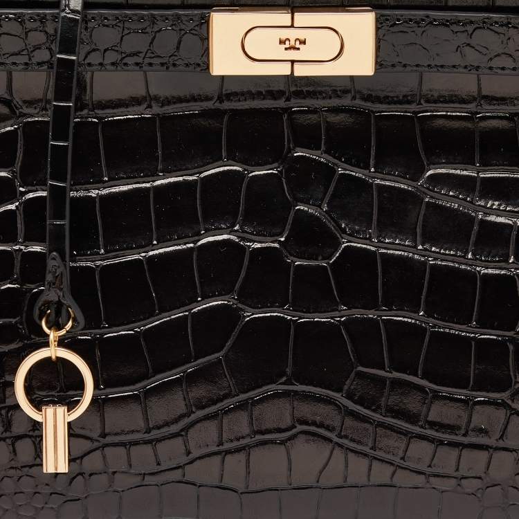 Pre Owned Tory Burch Black Croc Embossed Leather and Suede Small Lee Radziwill Bag