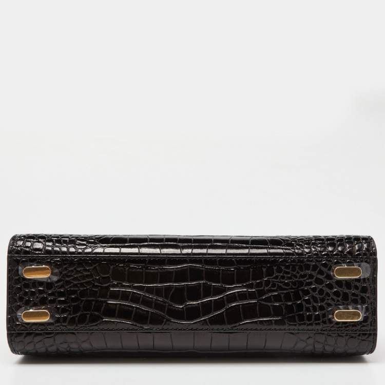 Pre Owned Tory Burch Black Croc Embossed Leather and Suede Small Lee Radziwill Bag