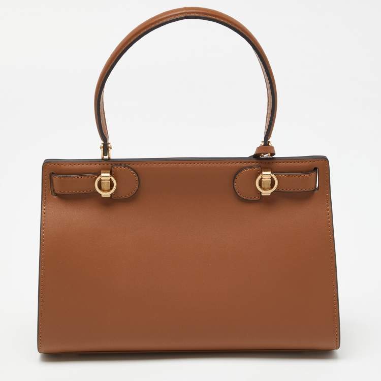 Pre Owned Tory Burch Brown Leather Small Lee Radziwill Top Handle Bag