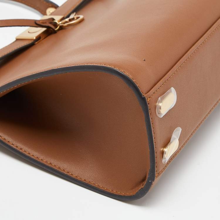 Pre Owned Tory Burch Brown Leather Small Lee Radziwill Top Handle Bag