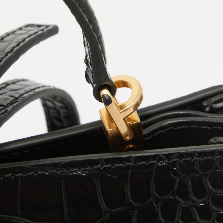 Pre Owned Tory Burch Black Croc Embossed Leather Eleanor Satchel