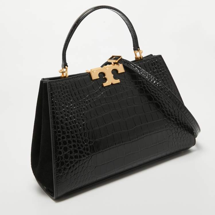Pre Owned Tory Burch Black Croc Embossed Leather Eleanor Satchel