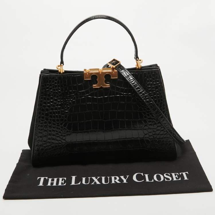 Pre Owned Tory Burch Black Croc Embossed Leather Eleanor Satchel