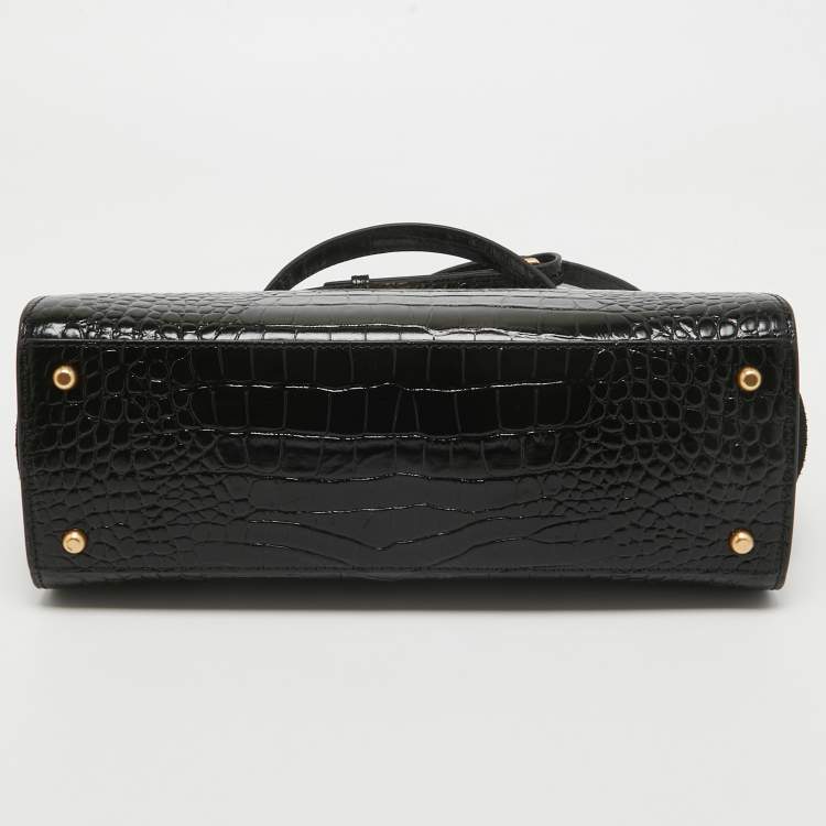 Pre Owned Tory Burch Black Croc Embossed Leather Eleanor Satchel