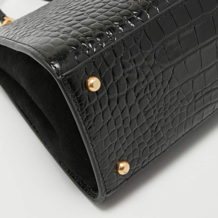 Pre Owned Tory Burch Black Croc Embossed Leather Eleanor Satchel