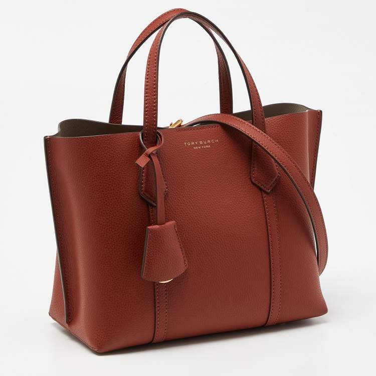 Pre Owned Tory Burch Brown Leather Small Perry Triple-Compartment Tote 