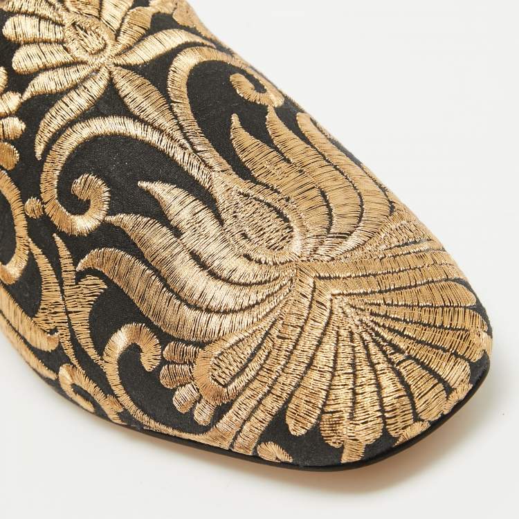 Pre Owned Tory Burch Black/Gold Brocade Fabric Flat Mules Size 35