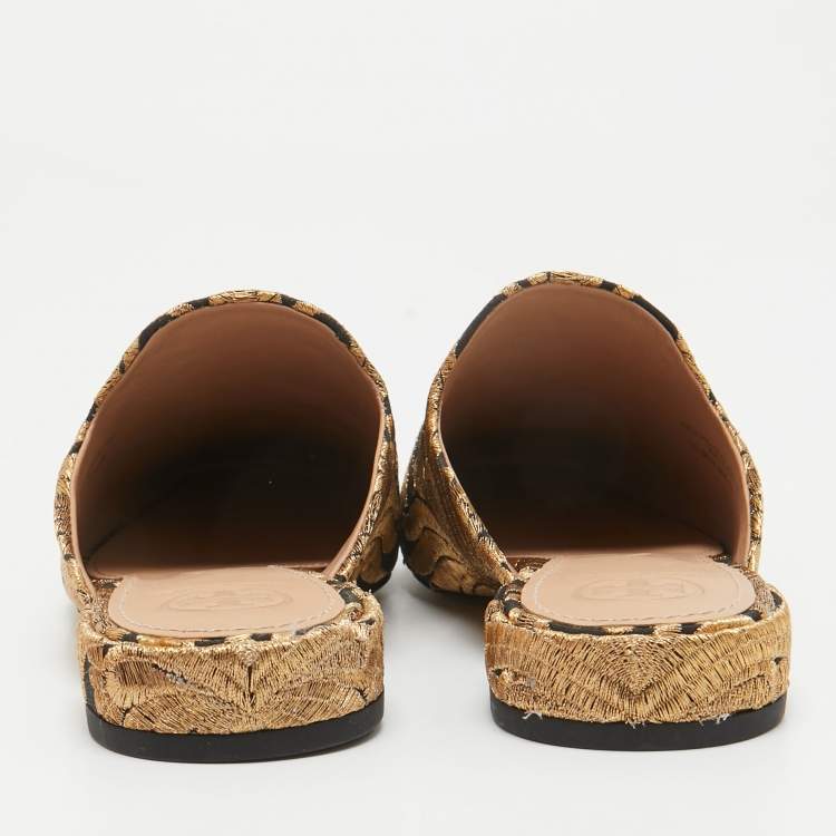 Pre Owned Tory Burch Black/Gold Brocade Fabric Flat Mules Size 35