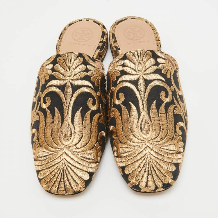 Pre Owned Tory Burch Black/Gold Brocade Fabric Flat Mules Size 35