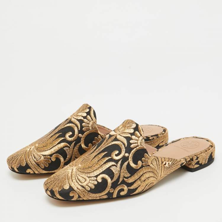 Pre Owned Tory Burch Black/Gold Brocade Fabric Flat Mules Size 35