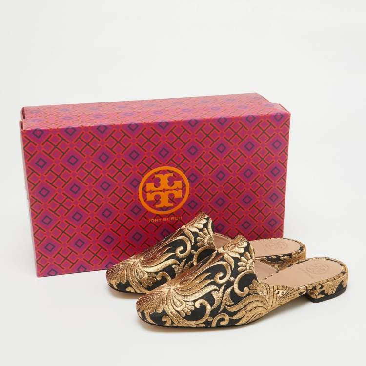 Pre Owned Tory Burch Black/Gold Brocade Fabric Flat Mules Size 35