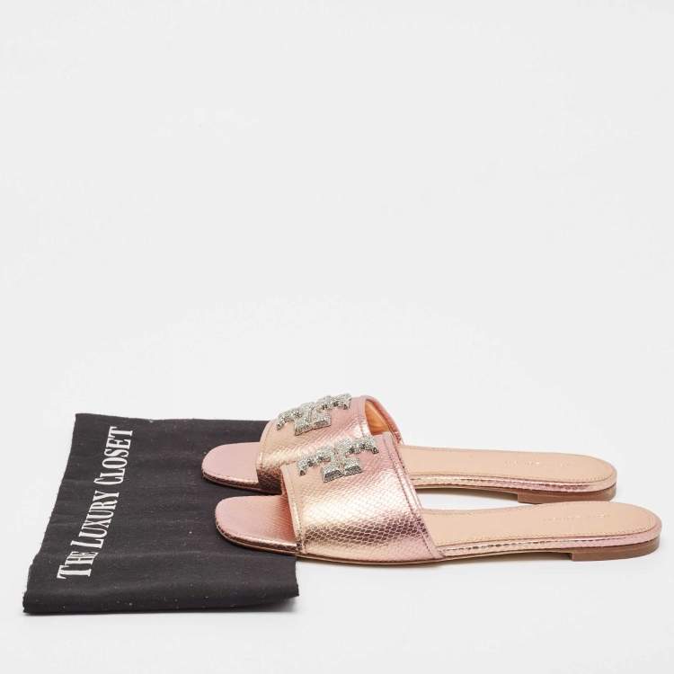 مملوكة مسبقًا Tory Burch Metallic Snakeskin Embossed Leather Eleanor Flat Slides Size 39